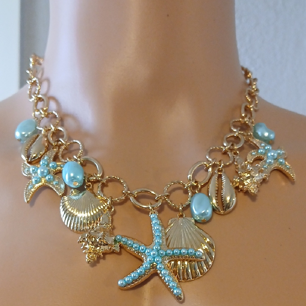Gold and Blue Ocean Charm Necklace